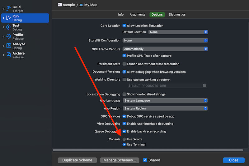 The location of the option to run from the terminal in Xcode.